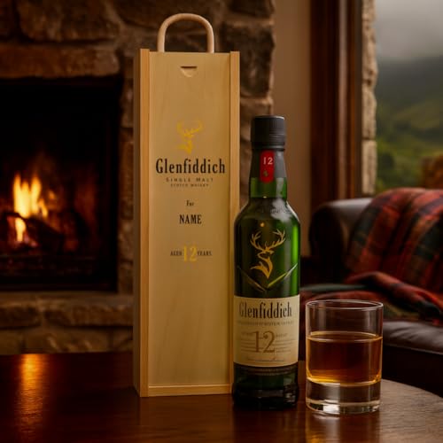 Personalised Glenfiddich 12 Year Old Single Malt Scotch Whisky Gift Set – 35cl Bottle | Custom Wooden Presentation Box | Premium Mini Whisky Gift for Him or Her by Beerhunter (40% ABV)