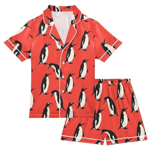 Retro Penguins Summer Satin Pajama Set, Cute Button-Down Sleepwear Pj Set for Sleep Wears