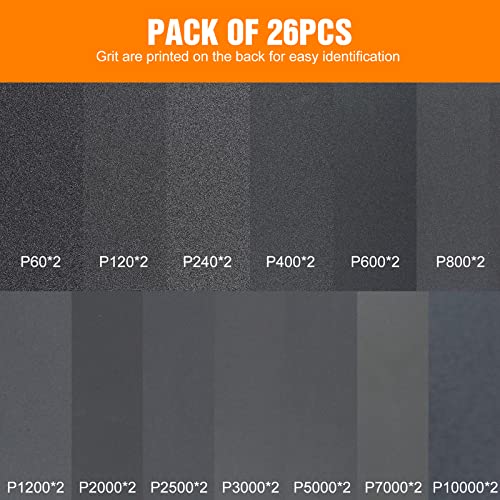 Schleifpapier von 60 bis 10000 Körnung Trockenes Nasss chleifpapier für Metallschleifen und Autopolieren Holzmöbel Finishing Schleifen Holz 9 x 3,6 Zoll 26 Stück