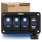 Nilight 3 Gang Rocker Switch Panel with 4.8 Amp Dual USB Charger Voltmeter Waterproof 12V 24V DC Rocker Switch with Night Glow Stickers for Cars Trucks Boats RVs, 2 Years Warranty,Blue