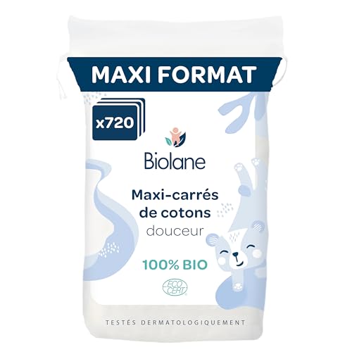 BIOLANE - Lot de 12 Maxi-Carrés de cotons - Bébé - 100% Bio - 720 Cotons - Peaux sensibles - Change & Toilette - Dès la naissance - Fabriqués en France