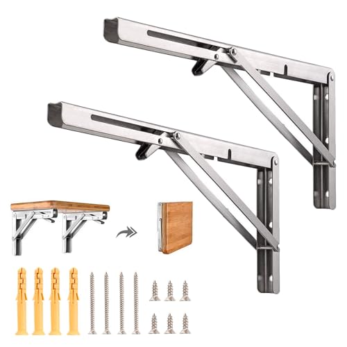 2 Piezas Escuadras Abatibles, 20cm Soporte Estantería Plegable Metal, Montados en la Pared Soporte de Estante, Soporte Estante Plegable Pared con Tornillossado, para Estudio, 80KG Capacidad de Carga