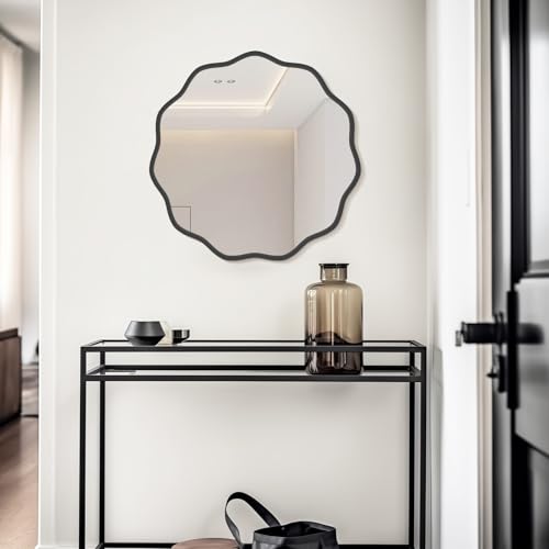 Image of WallBeyond Round Wavy Mirror for Wall Decorative 24 inch, Modern Round Mirror Aluminum Frame for Bathroom Bedroom Living Room Home House Office Entryway, Black