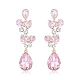 EVER FAITH Austrian Crystal Wedding Floral Leaf Teardrop Pierced Chandelier Earrings Silver-Tone for Brides, Cristal