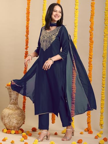 Image of GoSriKi Women's Rayon Viscose Embroidered Straight Kurta with Pant & Dupatta