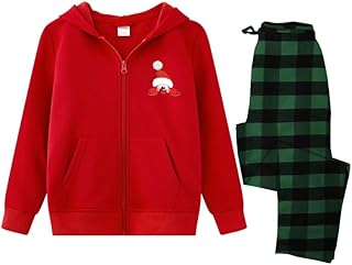 طقم بيجامة الكريسماس بغطاء رأس احمر مع تطريز سانتا وسروال اخضر منقوش، قطعتين مقاس (M)