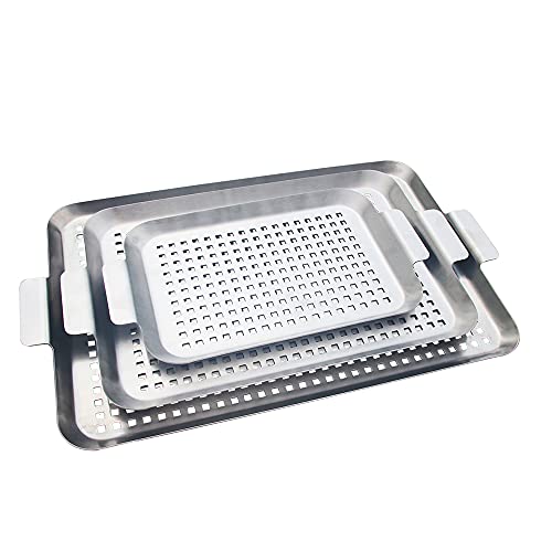 Decdeal Grill Topper Stainless Steel Grade Grill Pan Non-Stick with Handles DishwaherBBQ Tool for Fish Veggies Meat Seafood Great Gift for Grilling