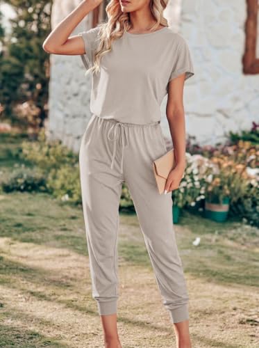 Ekouaer Jumpsuits for Women Dressy Summer Romper Casual Spring Vacation Outfits 2026 One Piece Travel Clothes Beige L