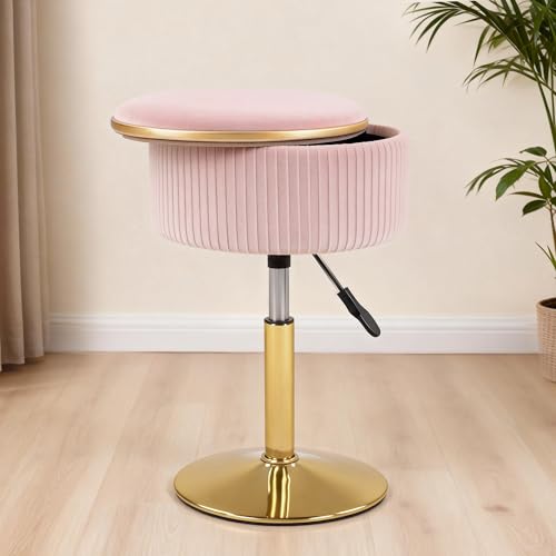 LITZFUR Adjustable Vanity Stool with Storage, 360° Swivel Gold Chair,