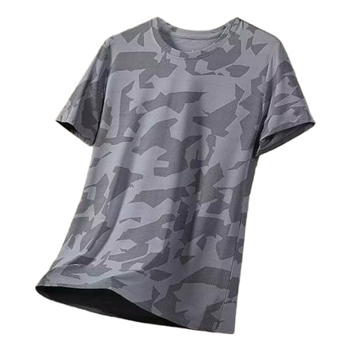 Camouflage-Shirts für Herren und Erwachsene, Rundhalsausschnitt, Camouflage, kurzärmelig, Netzstoff, atmungsaktiv, schnell trocknend, Sport, Fitness, Workout, T-Shirts in Übergröße, grau, 5XL