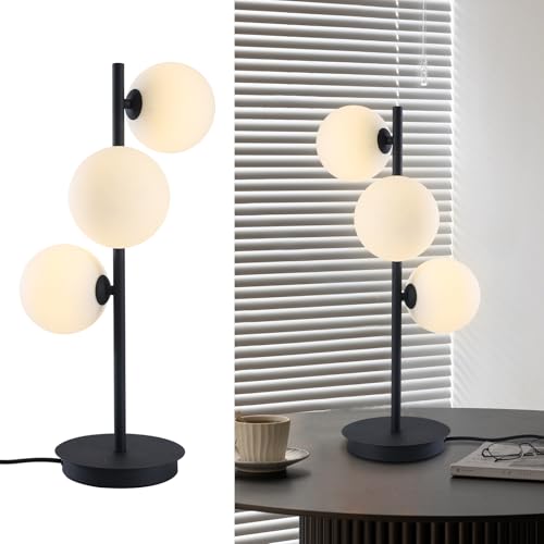 Image of Modern 3-Light Black Table Lamp with Milk Glass Globes, G9 | Matte black metal body, 3 milk glass globes, G9 sockets, modern accent lighting for nightstand, bedroom, study, living room