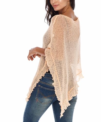 Image of SHU-SHI Women's Sheer Knit Poncho Shrug Lightweight Asymmetrical Ruffle Wrap Dressy Summer Shawl Cover Up Top