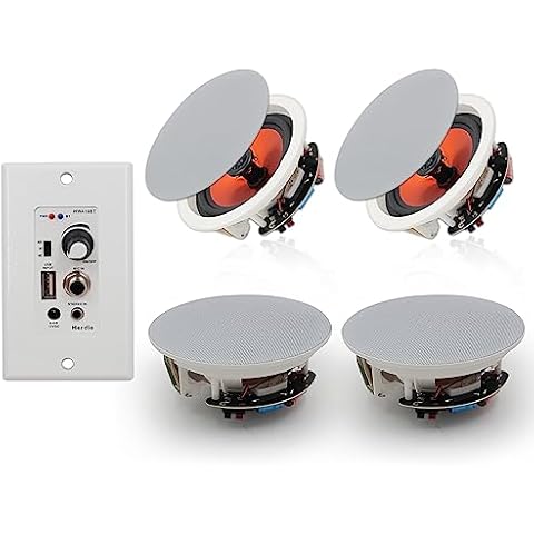 Herdio 6.5'' Bluetooth in Wall in Ceiling Speakers 600W 2-Way Flush Mount Speakers System with Wall Amplifier Receiver for Home Theater Office Bathroom(2Pairs, Paintable-Grille) Cover