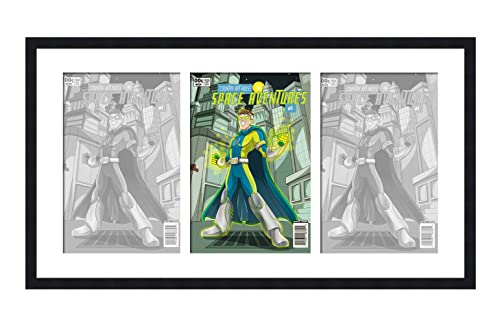 Golden Age Comic Frame - Black Matted Solid Wood with UV Acrylic & Acid Free Matting for 3 Comics