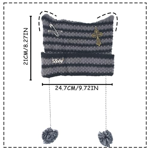AWAVM Women's Cat Beanie Crochet Hats Vintage Striped Winter Warm Elastic Cap Y2K Accessories Slouchy Cat Ear Cap for Girls Adults Kids Grey