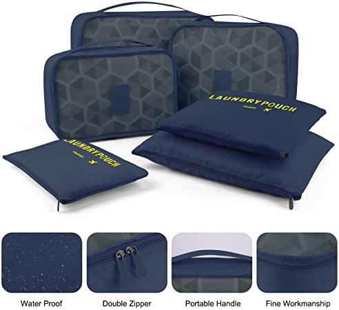 Cooja Packing Cubes for Suitcases Travel Luggage Organiser Bags, 3 Packing Cube + 3 Laundry Bags for Backpack Clothes Storage Waterproof Large Medium Small 6 Set, Navy