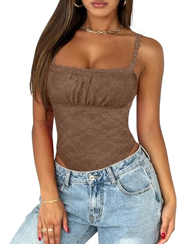 Saslax Women's Sexy Square Neck Lace Sleeveless Bodysuit Tank Tops Double Lined Body Suit Thong Outfits