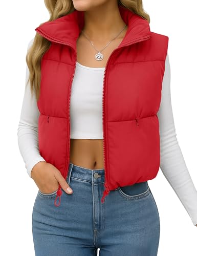 YUCOLEN Womens Crop Puffer Vest Lightweight Warm Outerwear with Fashion Stand Collar Zip Up Padded Cropped Jacket Coat Red