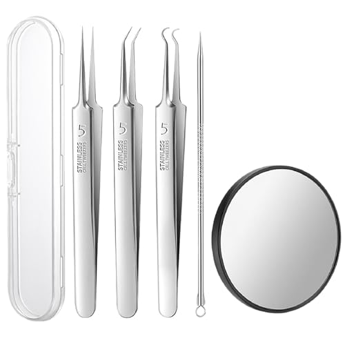 JDXun 5 piezas herramientas para eliminar espinillas, removedor de espinillas con caja, juego de pinzas de precisión, de acero inoxidable removedor de puntos negros con espejo