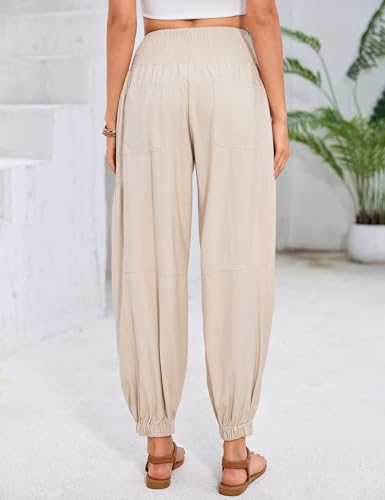 Yesfashion Women's Smocked Waist Harem Pants High Waist Loose Casual Lounge Trousers with Pockets Khaki — view 5