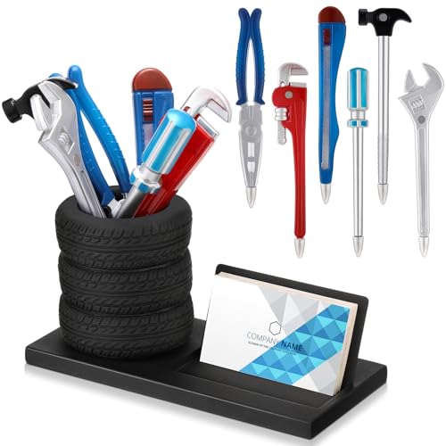 Feifeiya 7 Pcs Novelty Tool Pens Set Tire Shaped Pencil Holder Business Card Holder Wrench Pens Car Salesman Gift Fun Tire Decor Mechanic Desk Accessories for Desk Office Men Car Lover(Black)