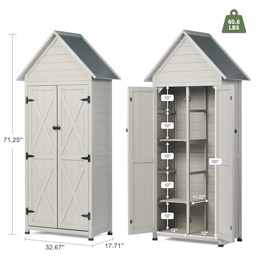 Outdoor-Storage-Shed-with-Adjustable-Shelves-Wooden-Vertical-Tool-Cabinet-Weatherproof-Roof-for-Garden-Patio-Backyard-Pool-32Wx17Dx71H Outdoor Storage Shed with Adjustable Shelves Wooden Vertical Tool Cabinet Weatherproof Roof for Garden Patio Backyard Pool 32Wx17Dx71H