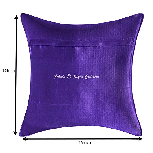 Image of Decorative Brocade Cushion Covers 16x16 Inch Banarasi Jacquard Weave Purple & Gold Living Room Decor Peacock Festive Decor Square 40x40 cm Zippered Sofa Settee Pillowcases -Set of 2 Pcs