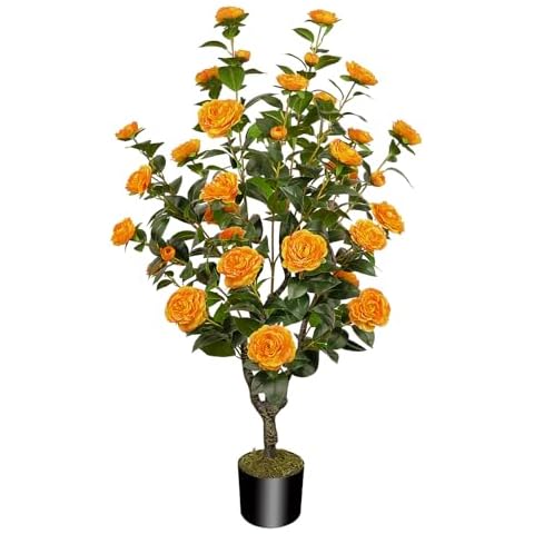 MHMJON 43.3"/3.6FT Artificial Tree with Camellia Flowers Fake Fall Tree with 32 Blooming Flowers Orange Tree for Autumn Home Front Door Outdoor Indoor Decor (Including Dried Moss) Cover