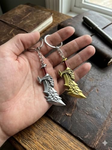 Image of BLUE WARRIOR God of war keychain (Combo) - Fantasy Winged Dagger Keychain - Antique Gold Mini Sword Key Ring with Red Handle - Metal Collectible Key Holder for Men, Women, Gamers & Gift Giving