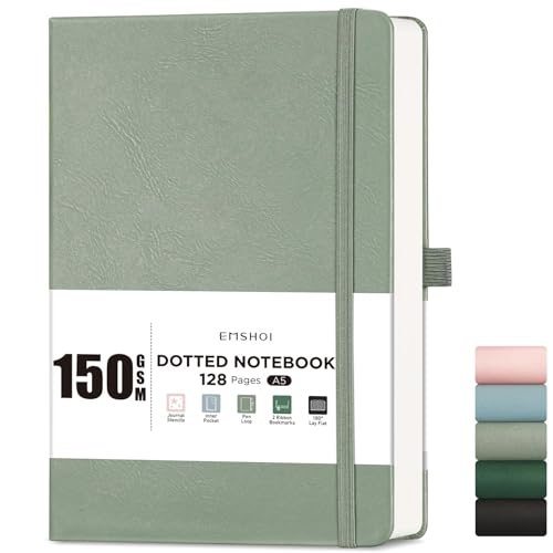 EMSHOI A5 Notebook Dotted Journal - 150gsm Thick Paper, Hardcover Leather Dot Grid Notebook for Bullet Journaling with 128 Pages, Journal Stencils, Inner Pocket, 21.3 x 15 cm, Light Green