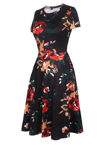 Image of oxiuly Women Casual Dress Round Neck Soft Cotton Floral A-Line Midi Summer Dresses with Pockets OX262
