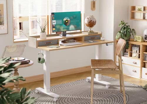 Image of Claiks Standing Desk with Drawers & Wheels, 2 Height Shelf 55 inch Natural