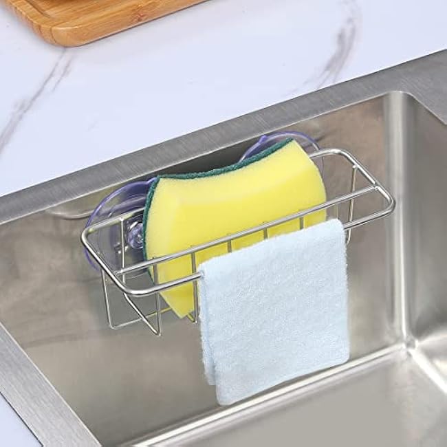 Sink Caddy Sponge Holder for Kitchen Sink Dish Cloth Hanger 2 Suspension Options(Suction Cups and Adhesive Hook), SUS304 Stainless Steel, Silver