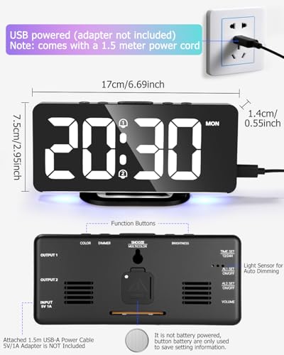 Goxiry Wecker Digital, 7-Zoll-LED-wecker, 10 Farben LED Digitalanzeige,Snooze, Helligkeit und Lautstärke Regelbar, Digital Uhr Netzbetrieben, 12/24HR