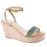 ToroToro Sparkly Espadrille Platform Wedge Sandals for Women, Open Round Toe 3.2 inch Heels with Ankle Starp, Cushioned Insole, Gold, Green