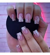Snowflake Press on Nails Short Square Fake Nails Christmas Press on Nails with Design Glitter Glo...