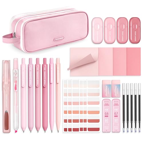Four Candies Pink School Supplies with Case, Gel Pens with Black Ink, Correction Tapes, Pastel Highlighters, Mechanical Pencils, Sticky Notes, Index Post for Bible Study Stationary College Essentials