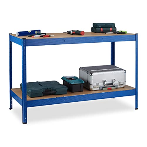 Relaxdays Werkbank, 2 verstellbare Ebenen, HxBxT: 90,5x141x61 cm, Stecksystem, Arbeitstisch für Werkstatt, Stahl, blau