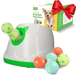 Automatic Dog Ball Launcher Dog Fetch Machine for Small to Medium Sized Dogs,3 Launch Distances, Ball Launcher for Dogs with 6 Latex Balls, Dual Power Supply, Ball Thrower for Dogs