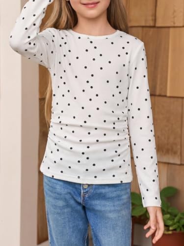Image of Haloumoning Girls Long Sleeve Shirts Crewneck Ruched Side Slim Fit Tops Ribbed Knit Casual Tee Shirt 4-15 Years