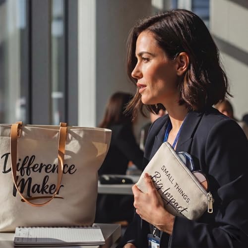 Image of ELEGANTPARK Appreciation Gifts for Women, Difference Maker Canvas Tote Set | Large zip-top tote with interior zip pocket for coworker, employee, volunteer, mentor, office assistant and farewell gifts