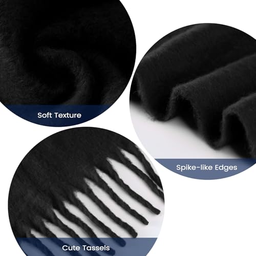 Premillow Women\'s Mohair Winter Scarf Pure Color, Warm Winter Scarf for Women and Men, Super Soft Luxurious Cashmere Feel Women Scarfs, Black