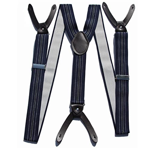 Suspenders for Men Button End Heavy Duty Big and Tall Adjustable Elastic (blue striped)
