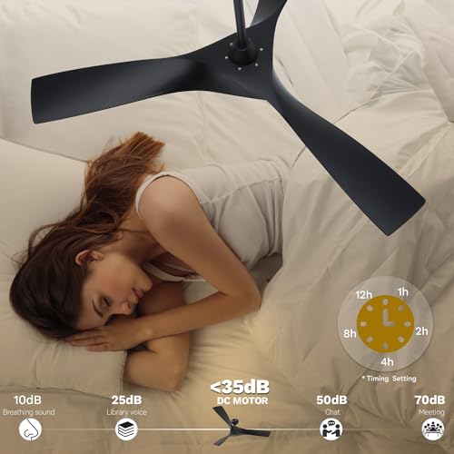 DWVO 52" Ceiling Fan with Remote, 3 Blade Ceiling Fans Reversible 6 Speeds with Quiet DC Motor and 2 Downrods for Bedroom, Living Room, Dining Room, Patio, Office