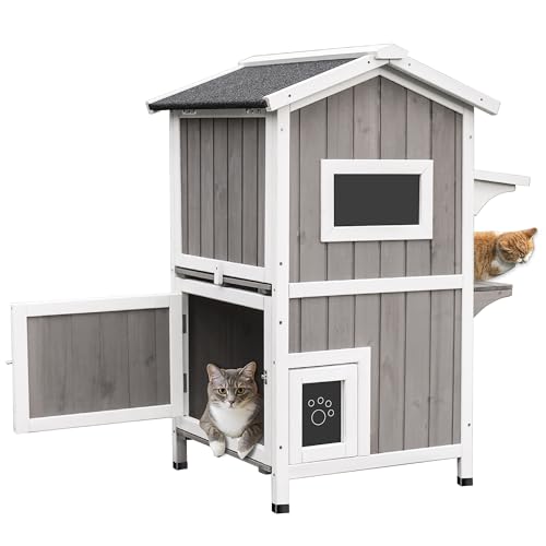 Gowoodhut Outdoor Cat House for Feral Cats 2 Story Cat Shelter Outdoor Weatherproof Wooden Cat Codons House for Cats Kitten Candos with 3 Escape Doors, Waterproof Roof