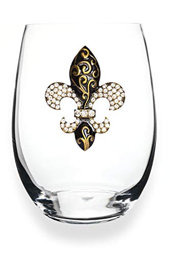 THE QUEENS' JEWELS Gold Swirl Fleur de Lis Jeweled Stemless Wine Glass, 21 oz. - Unique Gift for Women, Birthday, Cute, Fun, Not Painted, Decorated, Bling, Bedazzled, Rhinestone