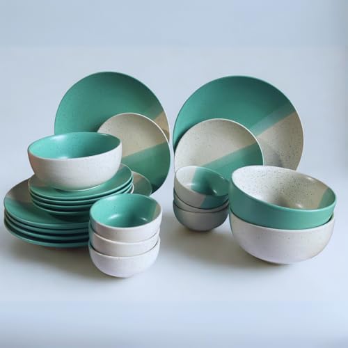 Image of Yourowndcor 21-Piece Ceramic Dinnerware Set | 6 Dinner Plates, 6 Quarter Plates, 6 Bowls & 3 Large Serving Bowl | Dual Minth Green and Beige Color Speckled Design