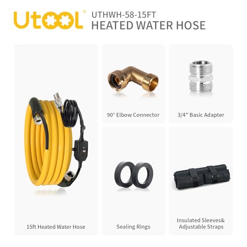 Image of UTOOL 15 FT Heated Water Hose for RV Camper with 90 Degree Elbow, NSF 372 Drinking Water Certified Garden Hose, Automatic Thermostat Antifreeze Protection to -40F, 5 /8 inch ID, 3 /4 inch GHT Adapter