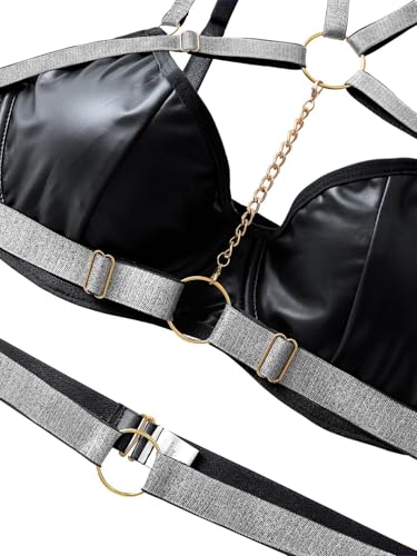 Image of Lilosy Sexy Pu Leather Strappy Underwire Garter Belt Lingerie Set