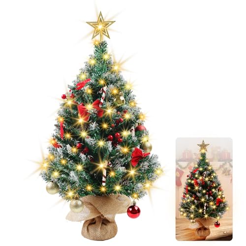 DTNESS 24 Inch Mini Christmas Tree, Table Top Artificial Xmas Pine Trees with 50 LED String Lights, DIY Artificial Christmas Tree with Star and Red Bowknots, Pine Cones and Red Berries Decoration